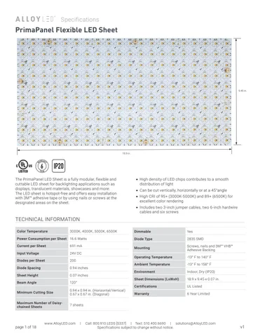 PrimaPanel Specification Sheet