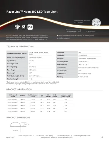 RazorLine Neon 300 Specification Sheet