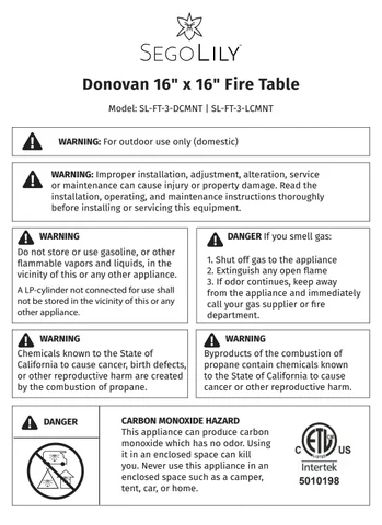 Donovan fire 桌 assembly instructions English (SL-FT-3-DCMNT, SL-FT-3-LCMNT)