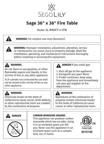 Sage 36in x 36in fire 桌 assembly instructions (SL-RNDFT-4-STN)
