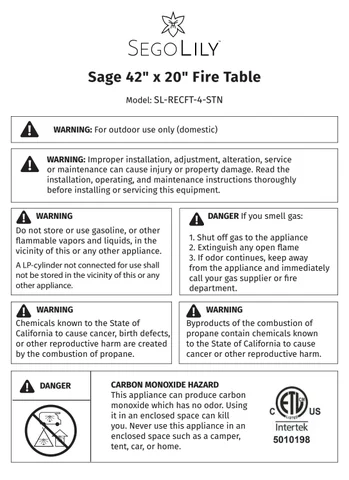 Sage 42in x 20in fire 桌 assembly instructions (SL-RECFT-4-STN)