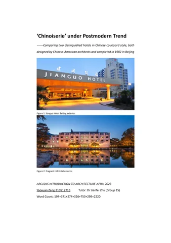 'Chinoiserie' under Postmodern 趋势 -Comparing two distinguished hotels in 中国 courtyard style,